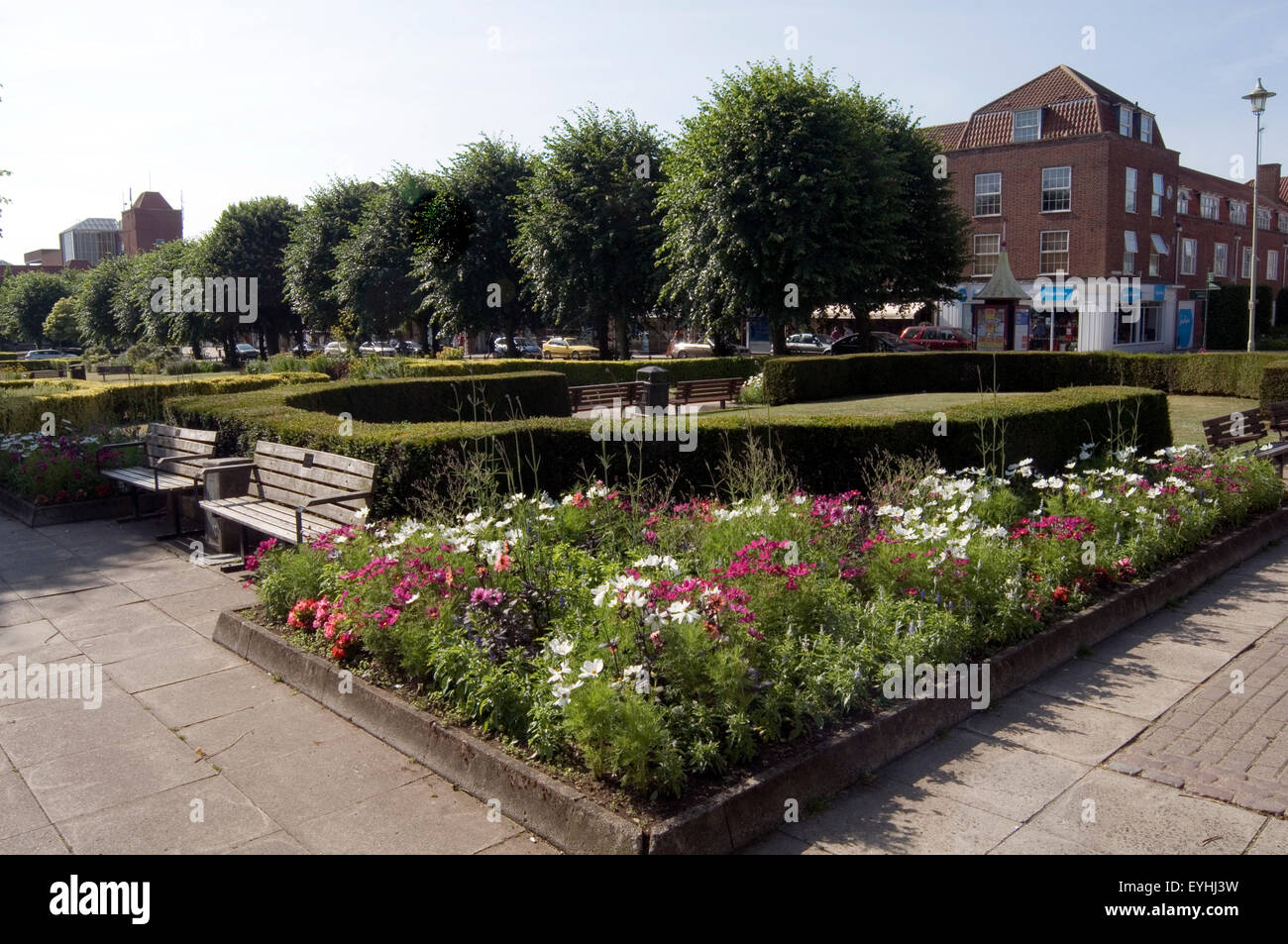 El centro de la ciudad de Welwyn Garden City uk centros jardines municipales huerto camas Hertfordshire, Inglaterra Foto de stock