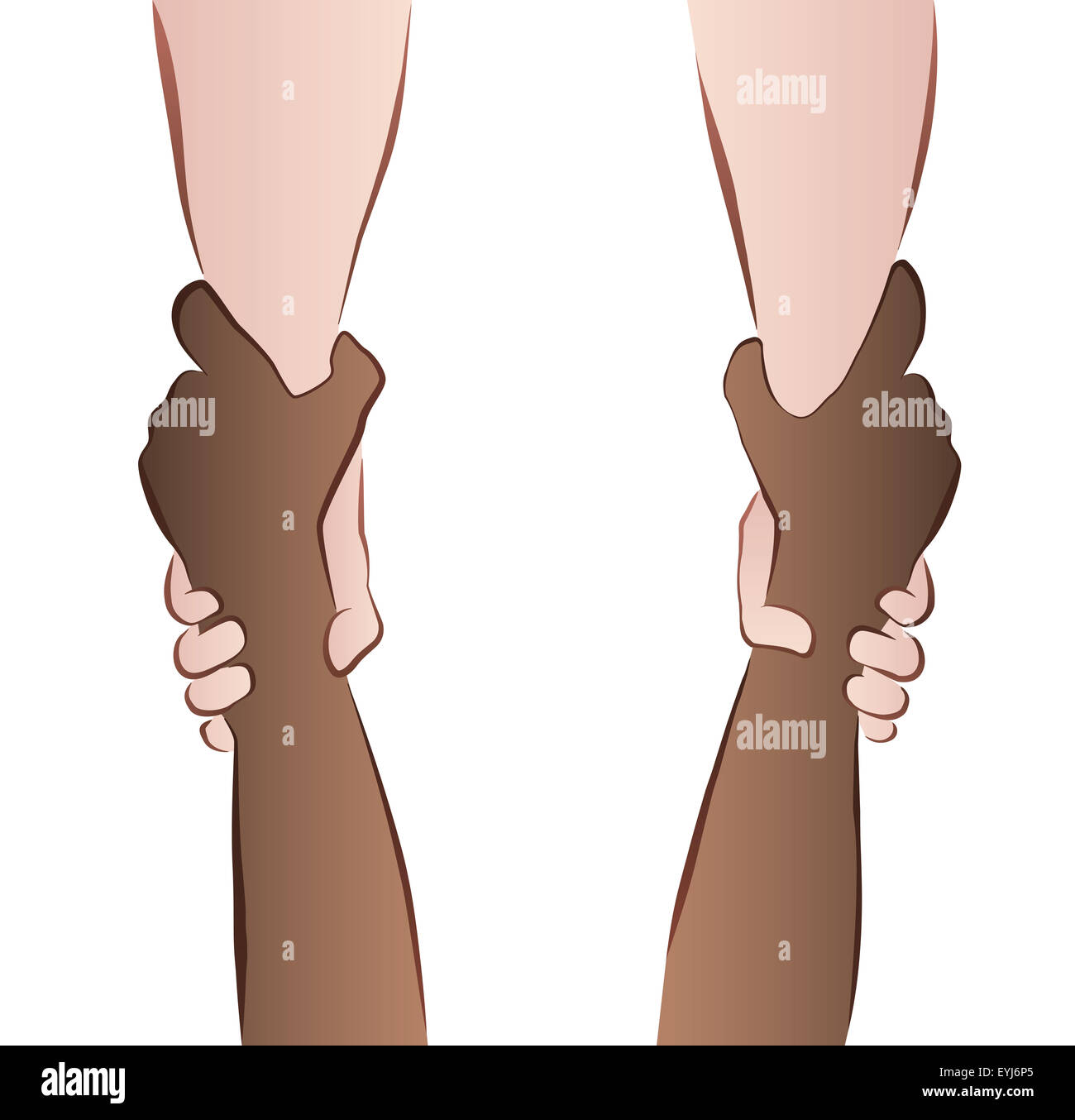 Cooperación Interracial - ahorro de manos - Agarre de rescate. Ilustración sobre fondo blanco. Foto de stock