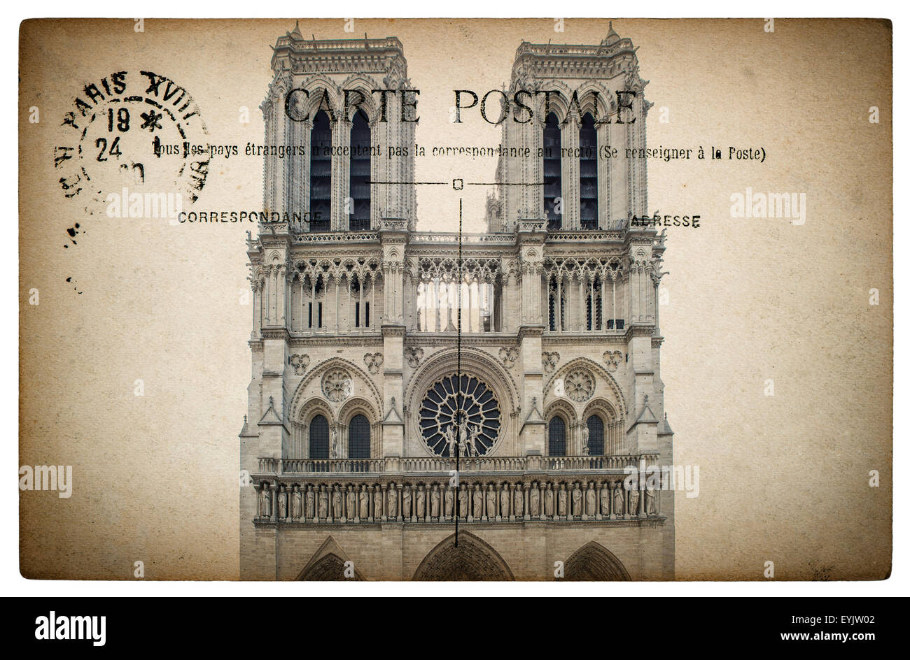 Postal Francesa de París con el hito de la catedral de Notre Dame. Vintage Retro sentimental estilo papel antecedentes Foto de stock