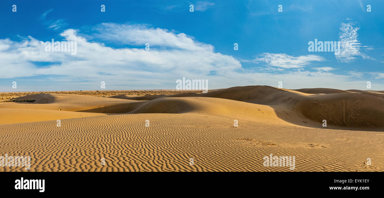 Panorama del paisaje de dunas con dramáticas nubes en el desierto de Thar. Las dunas de arena de Sam, Rajasthan, India Foto de stock