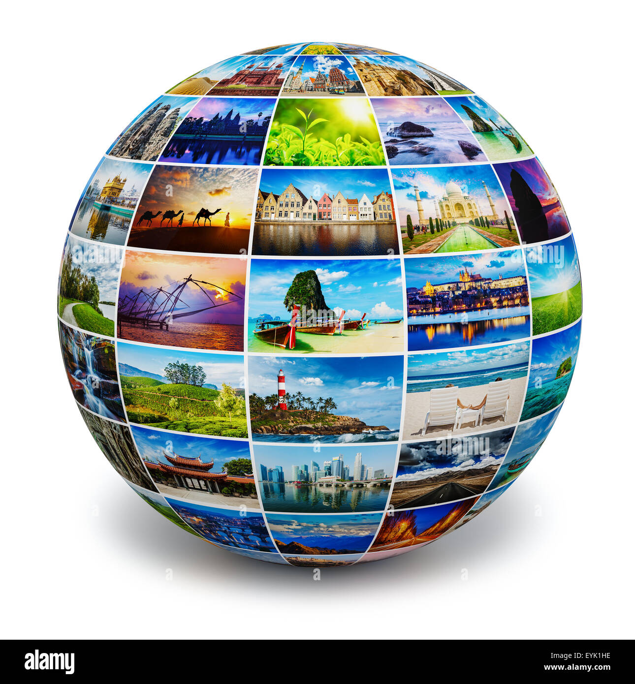 Global Travel media bola del mundo concepto - imagen esfera con imágenes de viaje aislado blanco. Todas las fotos son de mi cartera Fotografía de stock - Alamy