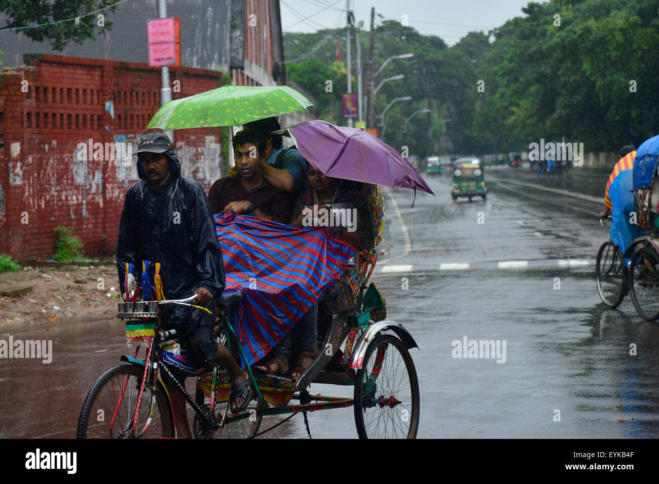 Dhaka, Bangladesh. El 31 de julio de 2015. Pedal de conductores de rickshaw de Bangladesh sus vehículos a través de la tromba de agua causada por el debilitamiento de la tormenta tropical "Komen" en Dhaka, Bangladesh. El 31 de julio de 2015 Continua la lluvia moderada con gusty viento es probable que continúe hasta mañana causada por el debilitamiento de la tormenta tropical "Komen" en Dhaka y en otras partes del país, de acuerdo a Dhaka met office previsión. Crédito: Mamunur Rashid/Alamy Live News Foto de stock