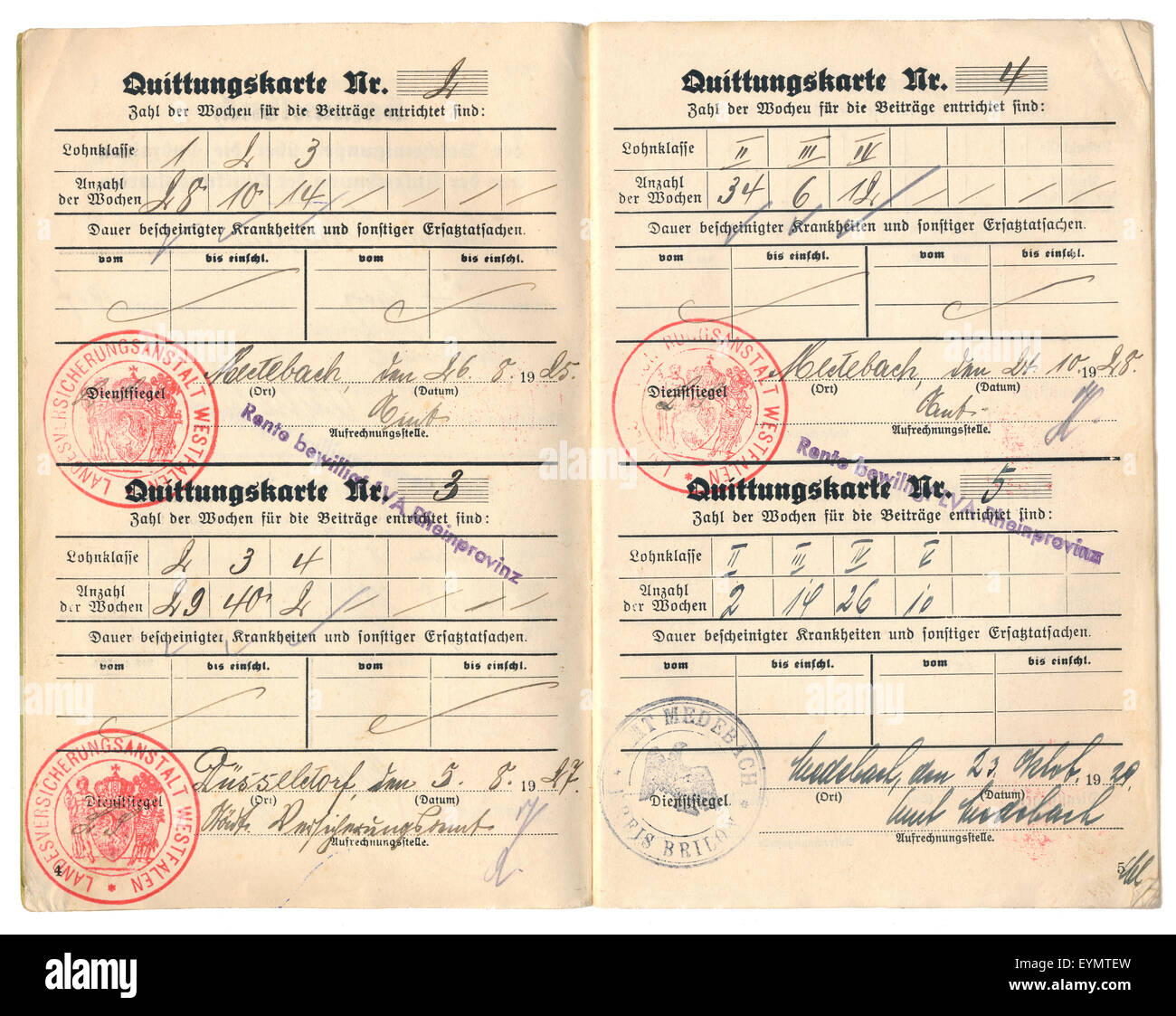 Documento para el seguro de invalidez, Alemania, 1927. Foto de stock