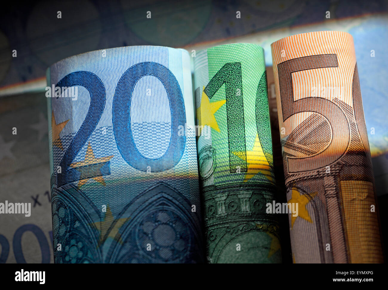 Número 2015 de 20 euros, 100 euros y billetes de 50 euros. Foto de stock