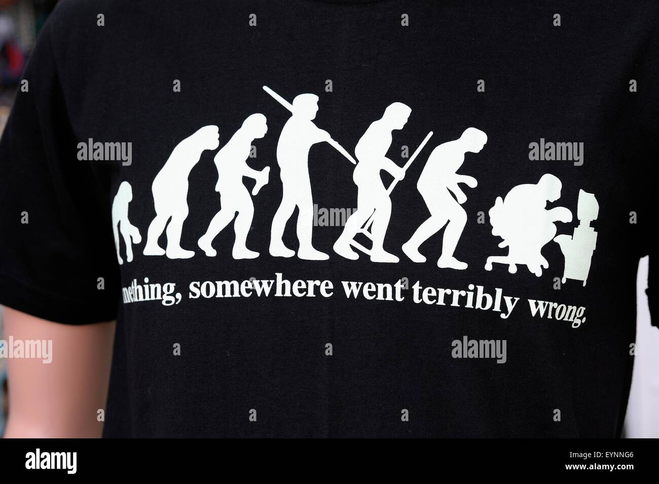 Una evolución del hombre camiseta impresa mostrando la etapa final como un equipo geek. algo algo salió terriblemente mal Foto de stock