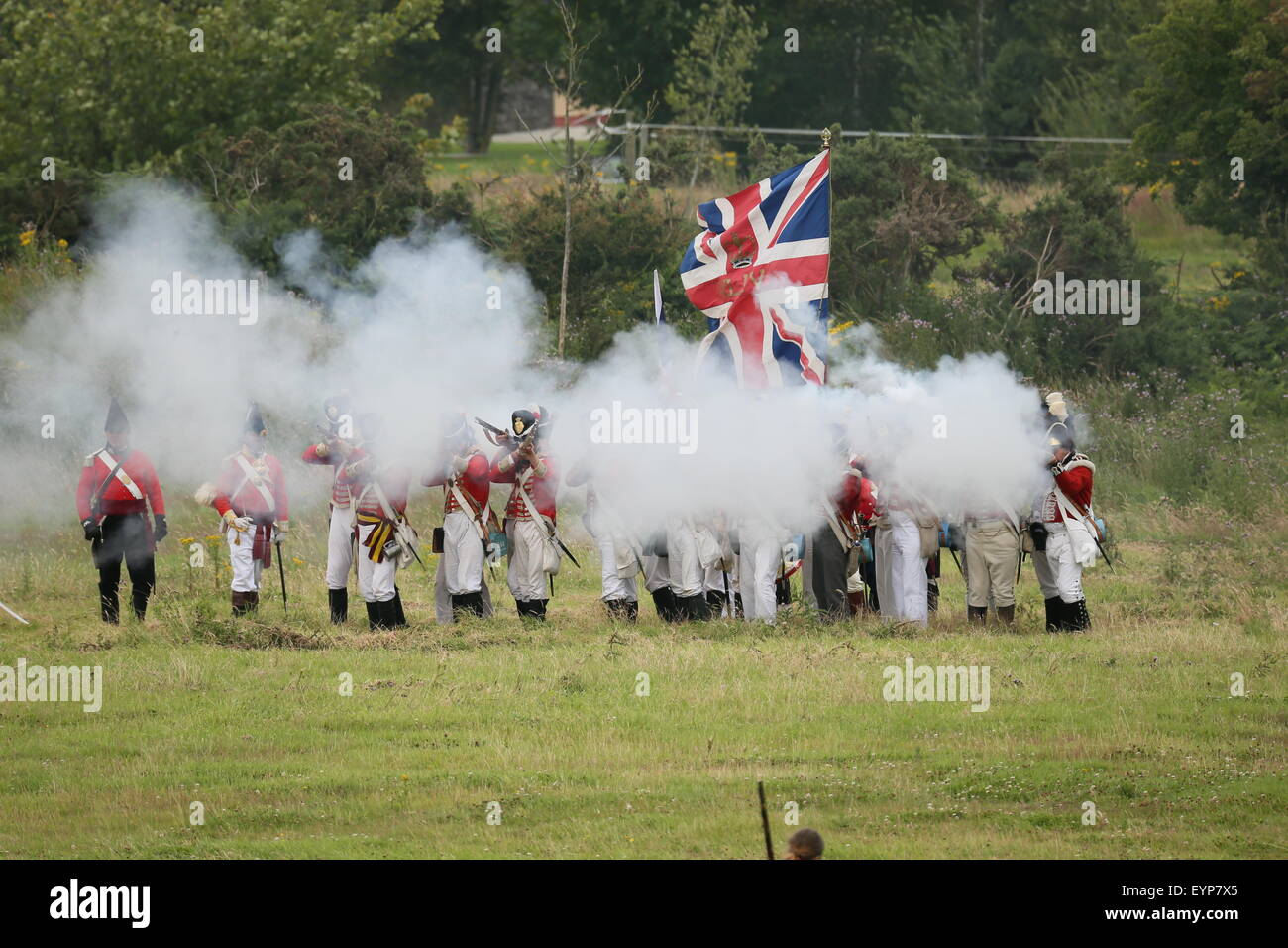 El condado de Wexford, Irlanda. 2 ago, 2015. Re-enactors vestidos como soldados británicos abren fuego durante la batalla de vinagre Hill re-promulgación cerca de Enniscorthy Town en el Condado de Wexford, Irlanda representando una histórica batalla entre las Naciones irlandeses y las fuerzas británicas en 1798. Crédito: Brendan Donnelly/Alamy Live News Foto de stock