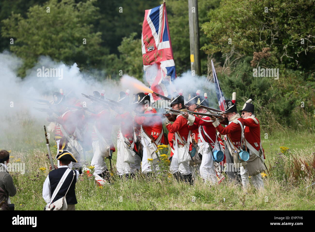 El condado de Wexford, Irlanda. 2 ago, 2015. Re-enactors vestidos como soldados británicos abren fuego durante la batalla de vinagre Hill re-promulgación cerca de Enniscorthy Town en el Condado de Wexford, Irlanda representando una histórica batalla entre las Naciones irlandeses y las fuerzas británicas en 1798. Crédito: Brendan Donnelly/Alamy Live News Foto de stock