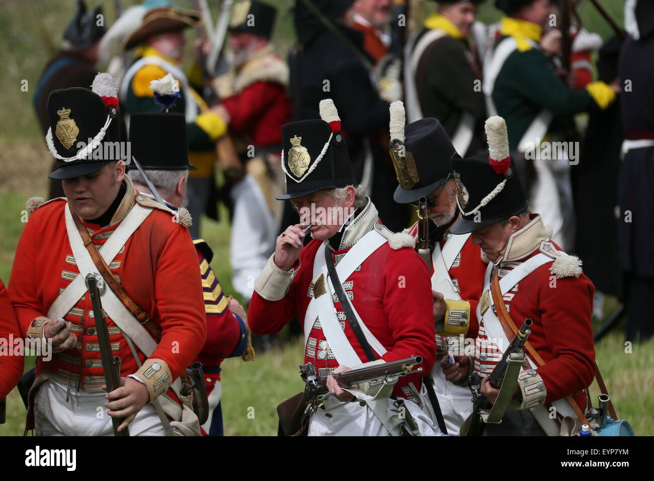 El condado de Wexford, Irlanda. 2 ago, 2015. Re-enactors vestidos como soldados británicos recargar durante la batalla de vinagre Hill re-promulgación cerca de Enniscorthy Town en el Condado de Wexford, Irlanda representando una histórica batalla entre las Naciones irlandeses y las fuerzas británicas en 1798. Crédito: Brendan Donnelly/Alamy Live News Foto de stock