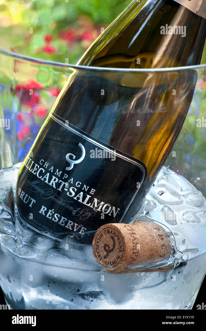 Billecart-Salmon Brut botella de champán en hielo escalofriante en cristal de lujo enfriador de vino en la terraza jardín situación Foto de stock