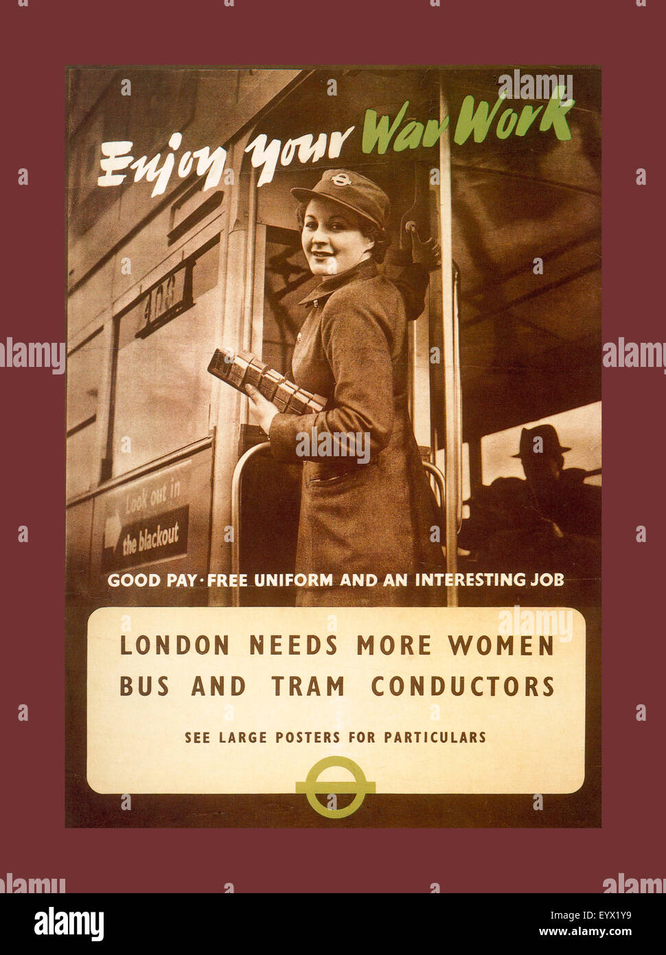 WW2 vintage cartel promueve un mayor número de mujeres para trabajar en Londres los autobuses y tranvías. Foto de stock