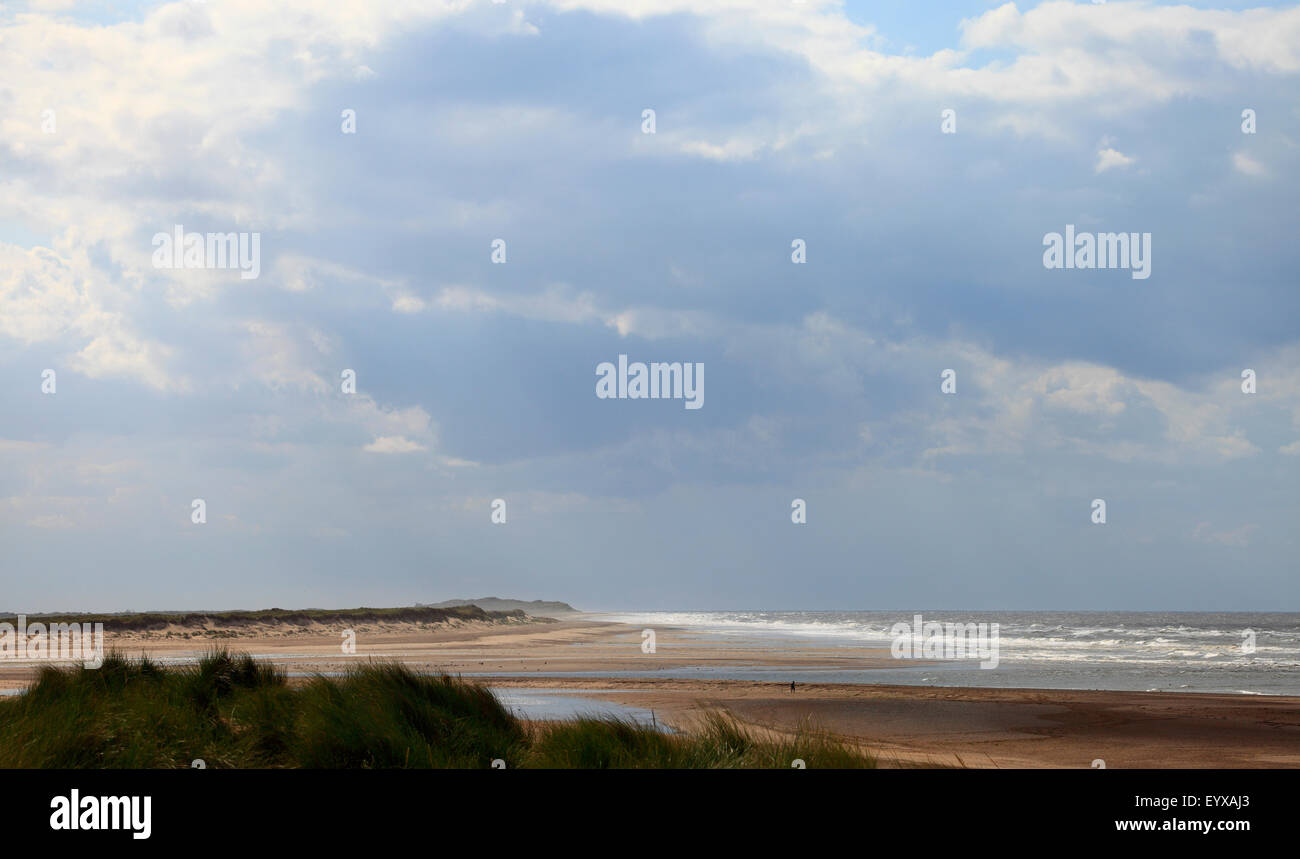 La vista a Scolt Head desde las dunas en Burnham Overy en el norte de la costa de Norfolk, con una pequeña figura en la playa. Foto de stock