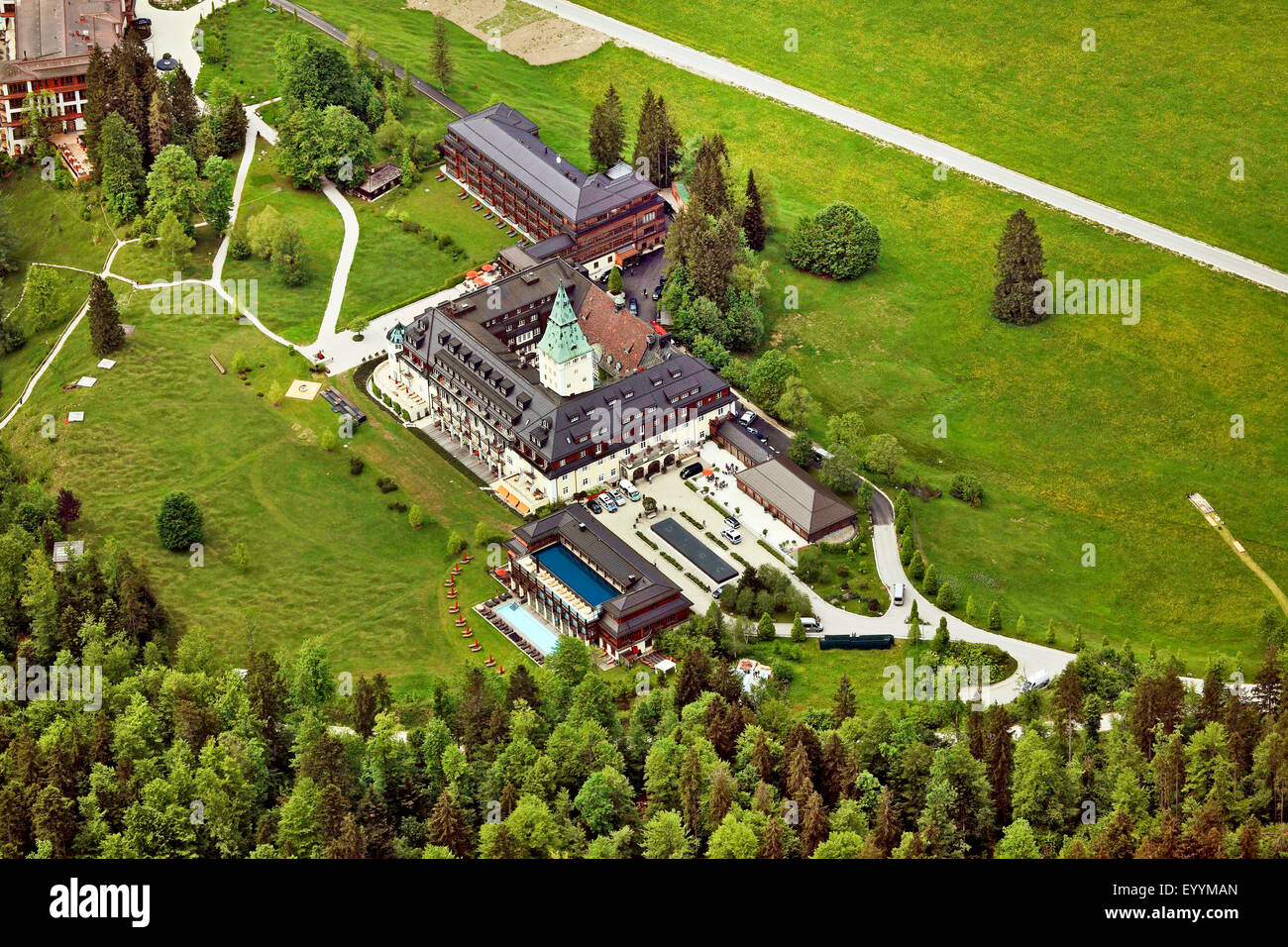 Vista aérea del Schloss Elmau, la 41ª cumbre del G7 de 2015, 01.06.2015, Alemania, Baviera, Oberbayern, Alta Baviera, Klais Foto de stock