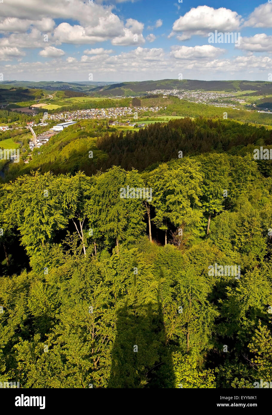 Vista desde la torre Kueppel a Arnsberg Forest y Freienohl, Alemania, Renania del Norte-Westfalia, Sauerland, Meschede Foto de stock