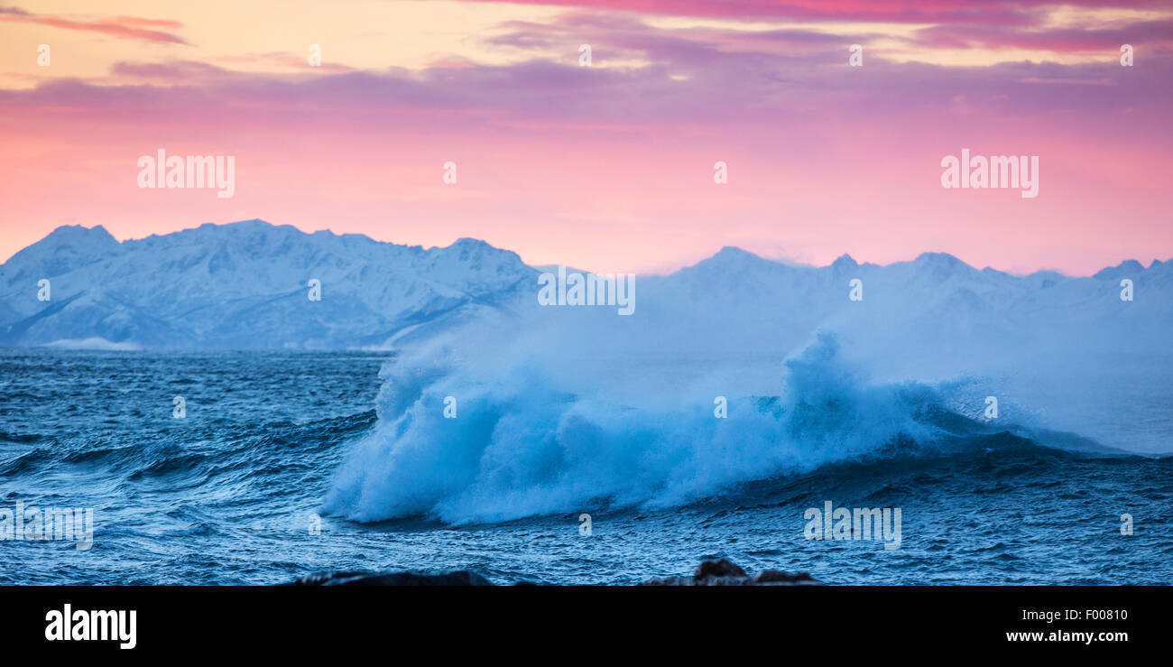 A mediodía en punto de la noche polar; huracán empañado de la gran ola, Noruega VesterÕlen, Insel y °ya, Andenes Foto de stock