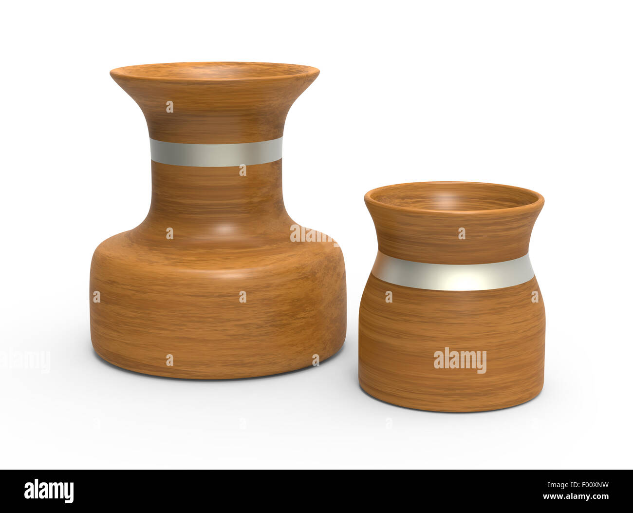 Dos jarrones de cerámica sobre una mesa de madera fondo oscuro cerrar