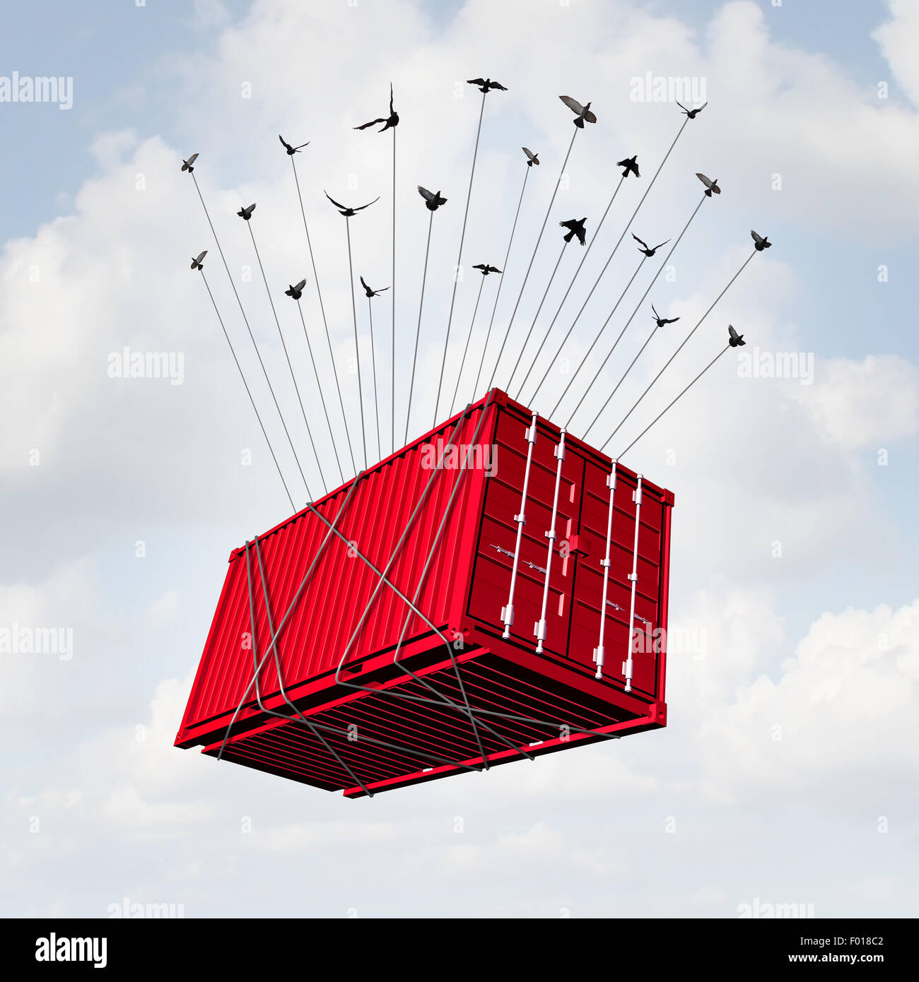Concepto de carga aérea como un contenedor de transporte de metal se levantó con un grupo de aves como un surrealista entrega y envío de ultramar Foto de stock