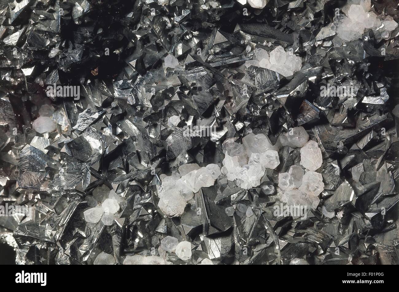 Minerales: Tetrahedrita (cobre) y Cuarzo de sulfuro de antimonio (óxido de silicio) - Capnic, Rumania Foto de stock