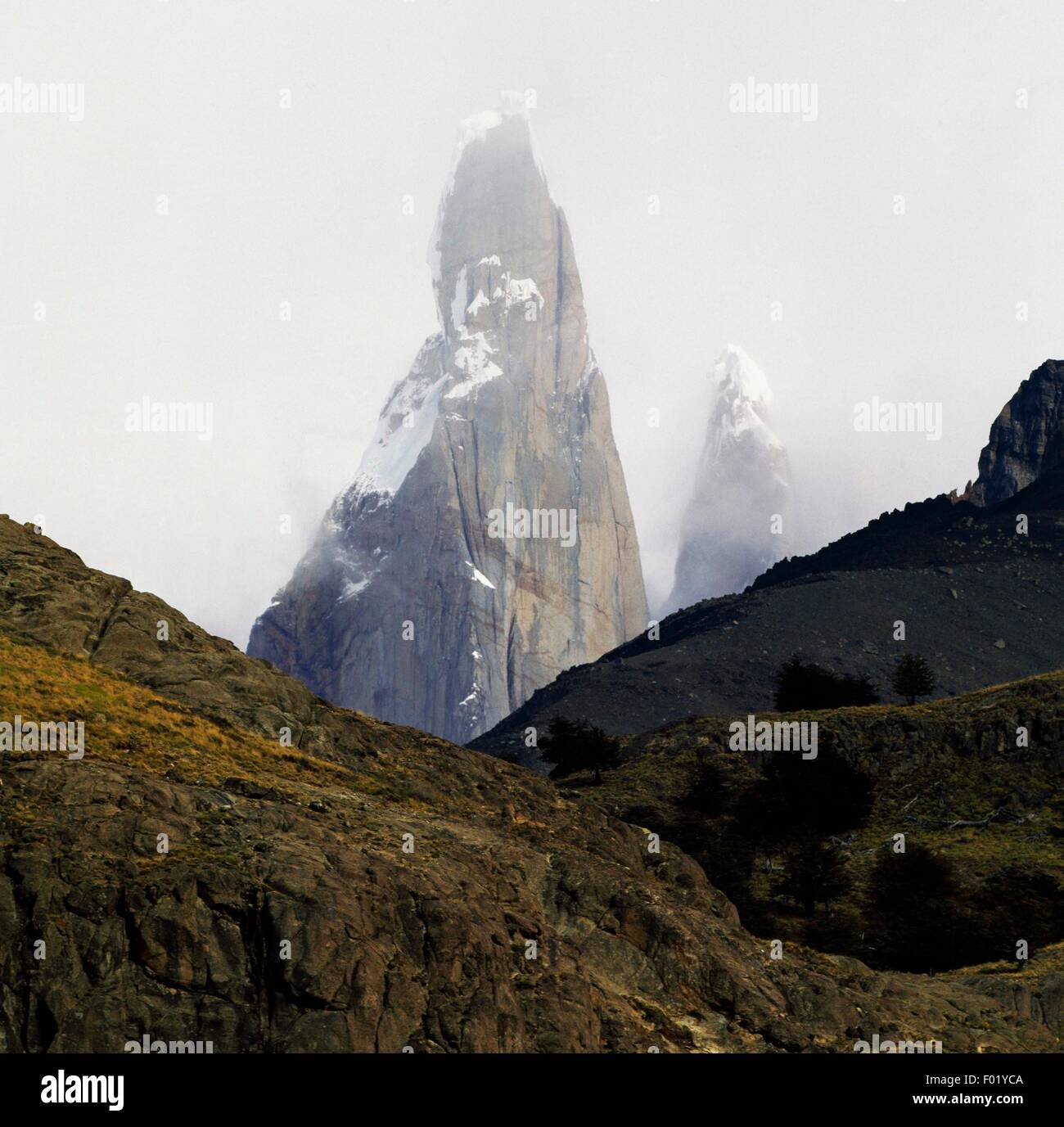 La Cordillera de Los Andes, el Cerro Torre y el Cerro Egger, East Side, el Parque Nacional Los Glaciares, (Lista de Patrimonio Mundial de la UNESCO, 1981), Patagonia, Argentina. Foto de stock