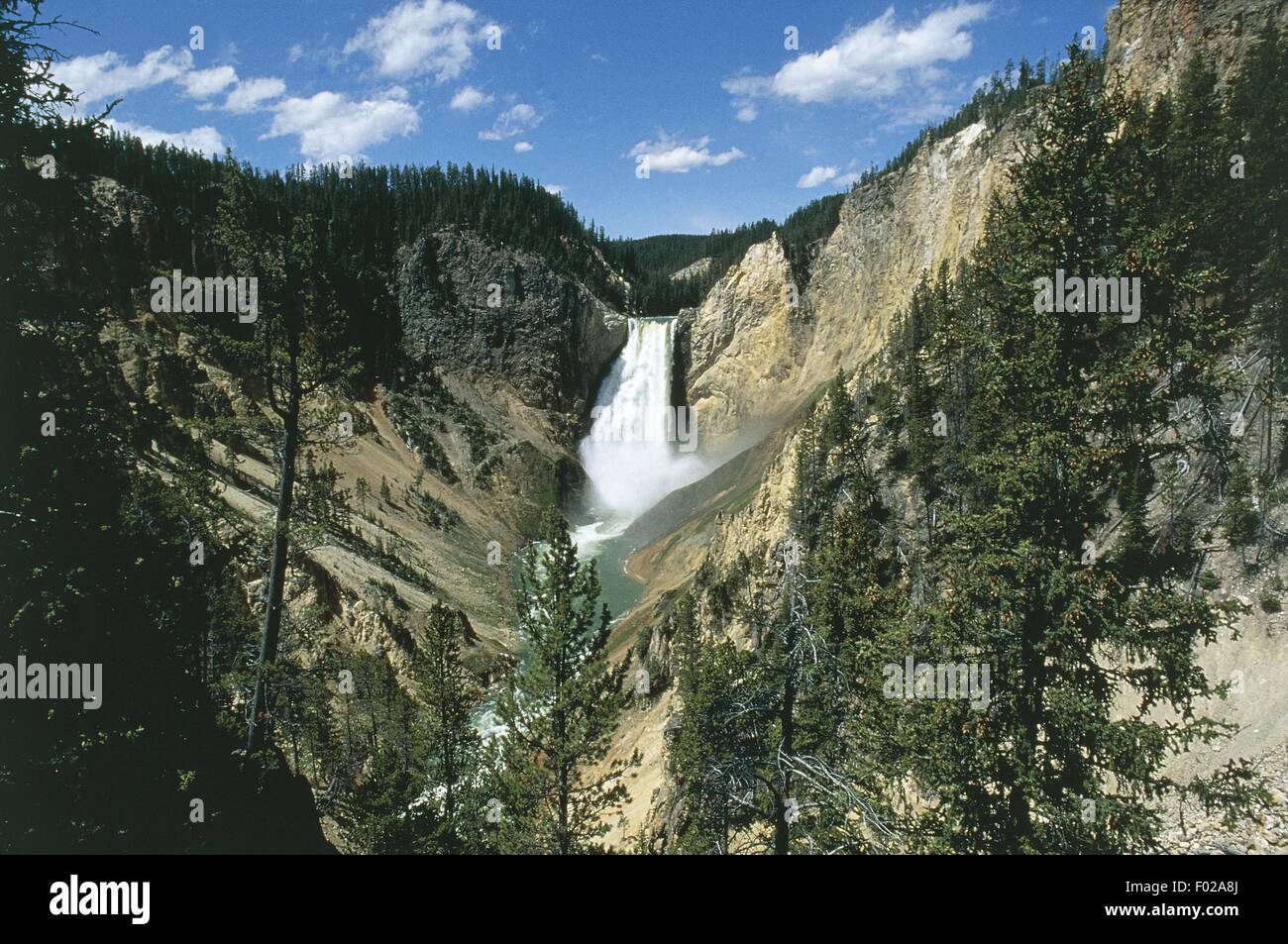 Ee.Uu., el Parque Nacional Yellowstone, Wyoming (Lista de Patrimonio Mundial de la UNESCO, 1976). Bajar Waterfal, salto de 91 m en el Gran Cañón del río Yellowstone. Foto de stock