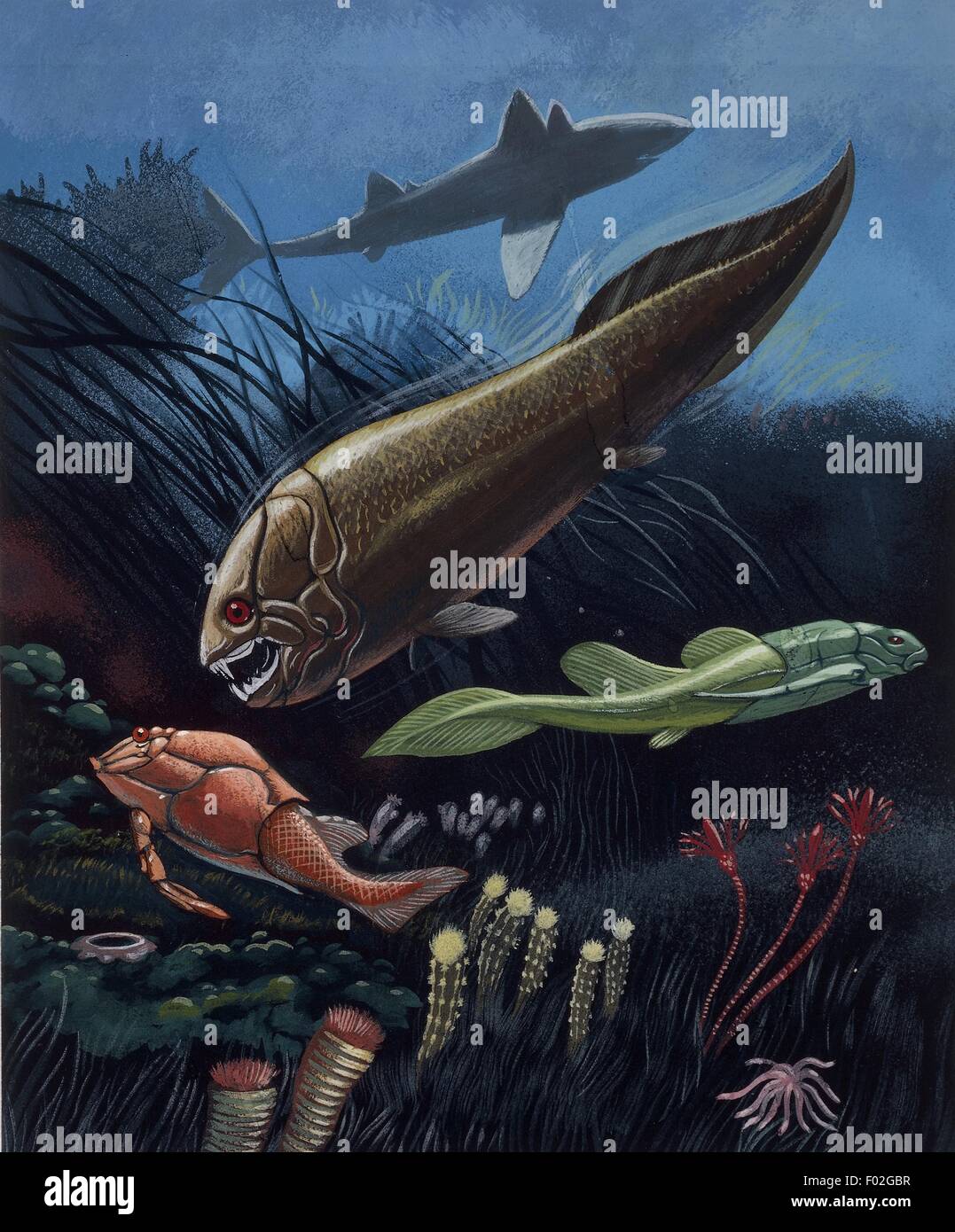 Peces prehistóricos, vista submarina, ilustración Foto de stock
