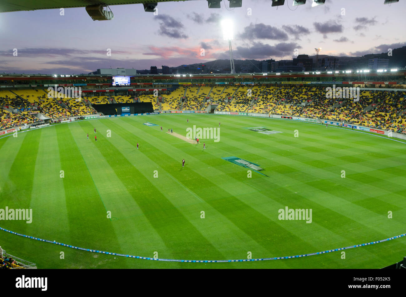 Juego de cricket en el estadio Westpac, Wellington, en la Isla del Norte, Nueva Zelanda Foto de stock