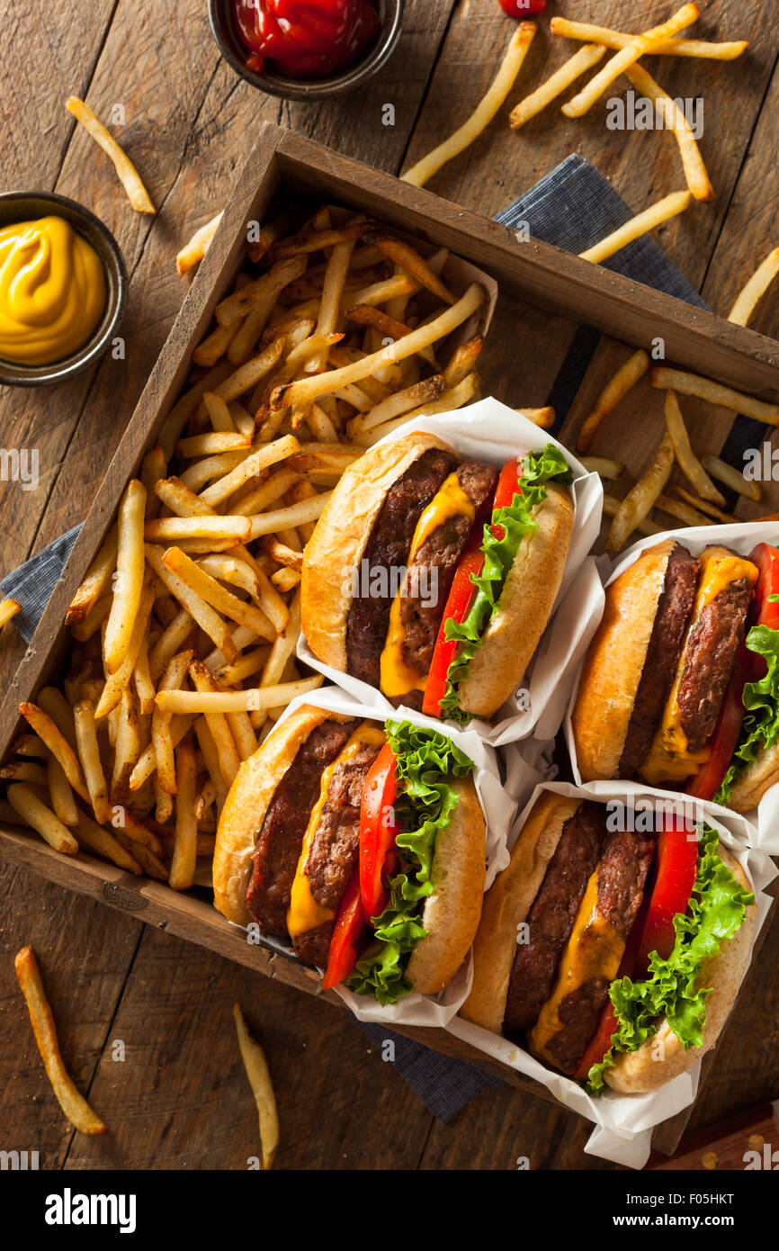 El doble de hamburguesas con queso y papas fritas en una bandeja Fotografía  de stock - Alamy
