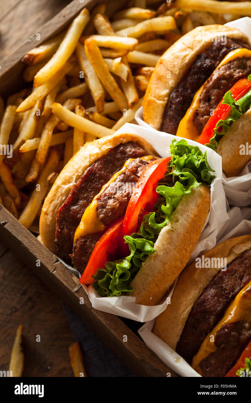 El doble de hamburguesas con queso y papas fritas en una bandeja Fotografía  de stock - Alamy