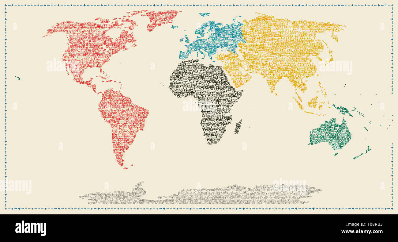 Mapa del mundo con los continentes nombres en letra de imprenta Foto de stock
