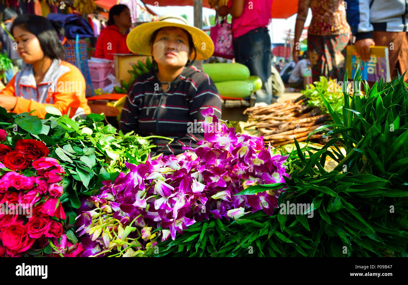 Los comerciantes del mercado mujer venta de orquídeas y rosas para ser utilizados como ofrendas de Loikaw mercado, Myanmar (Birmania), Asia Foto de stock