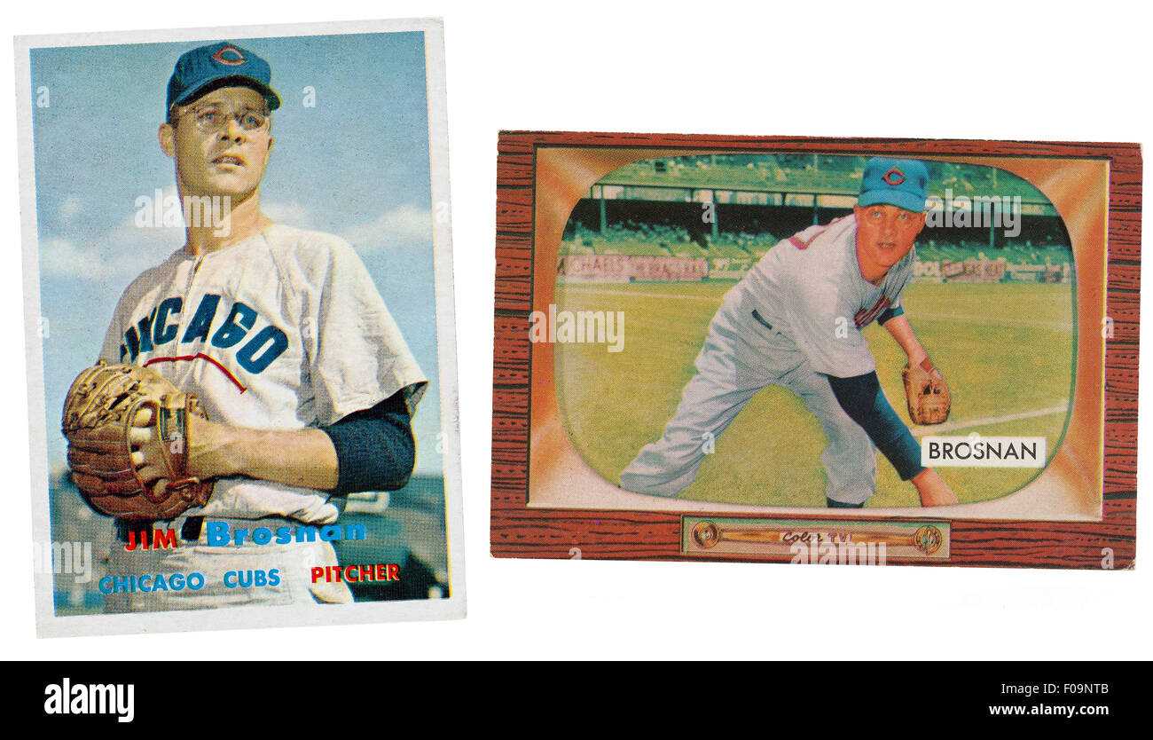 1950s tarjetas de béisbol de Chicago Cubs lanzador, autor, y el deportista Jim Brosnan Foto de stock