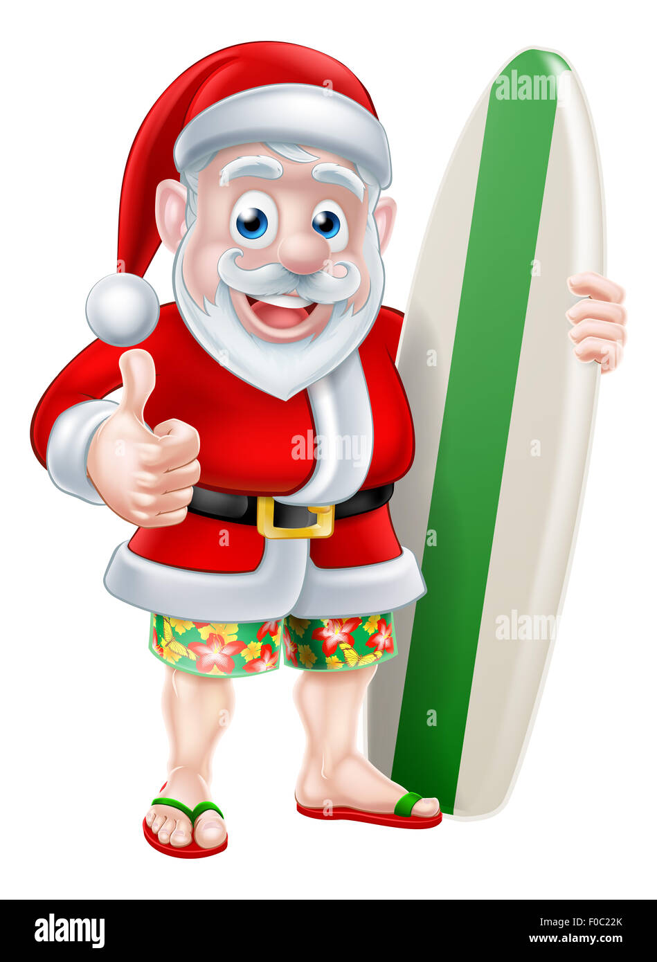 Caricatura de surfing Santa Claus sosteniendo una tabla de surf y dando un pulgar hacia arriba en su Hawaiian board shorts Foto de stock