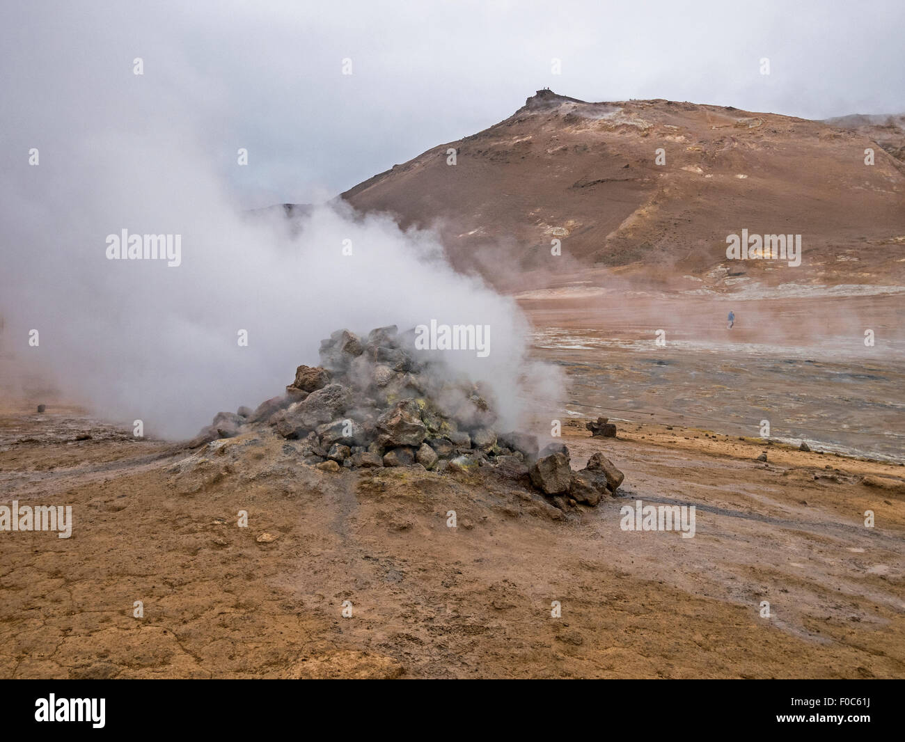 Alta temperatura Namafjall área geotérmica con fumarolas, ollas de barro y depósitos de azufre de Islandia. Foto de stock