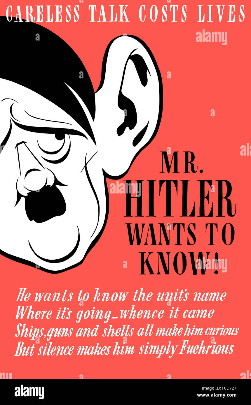 Vintage póster de la II Guerra Mundial con una caricatura de Adolf Hitler con una gigantesca oreja. Lee: descuidado hablar cuesta vidas. El Sr. Hi Foto de stock