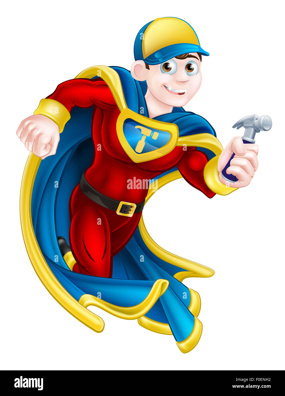 Cartoon builder, manitas, bricolaje o carpintero superhéroe mascota  sosteniendo un martillo Fotografía de stock - Alamy