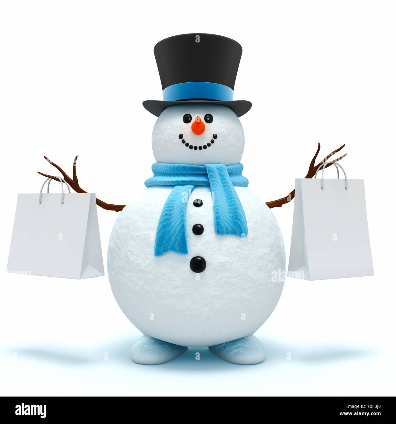Cute snowman con bolsas de la compra. Foto de stock