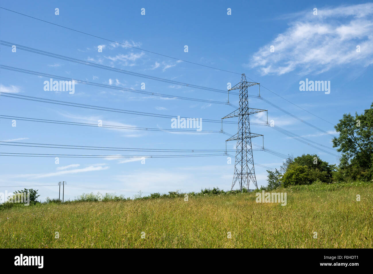 Torres eléctricas llevar cables a través de Maltby Reserva natural común, South Yorkshire. Foto de stock