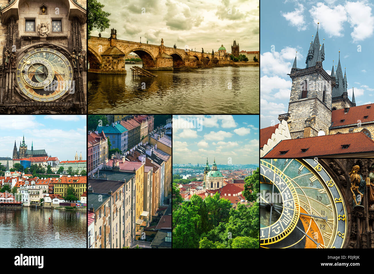 Praga, República Checa travel photo collage. La colección incluye los principales lugares de interés. Foto de stock
