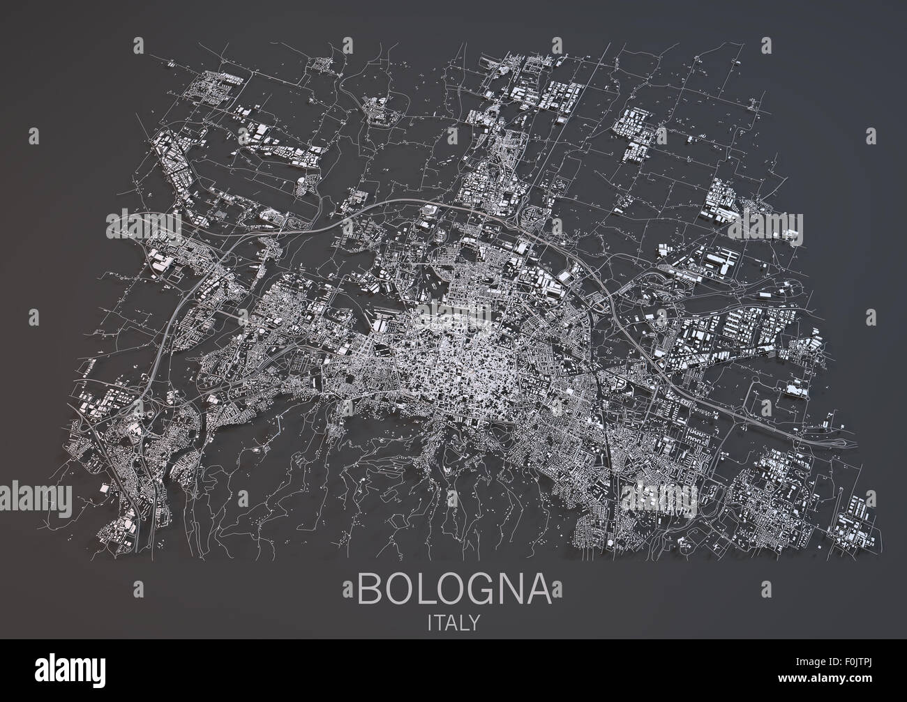 Mapa de Bolonia, Italia, vista de satélite, mapa en 3d. Blanco y negro