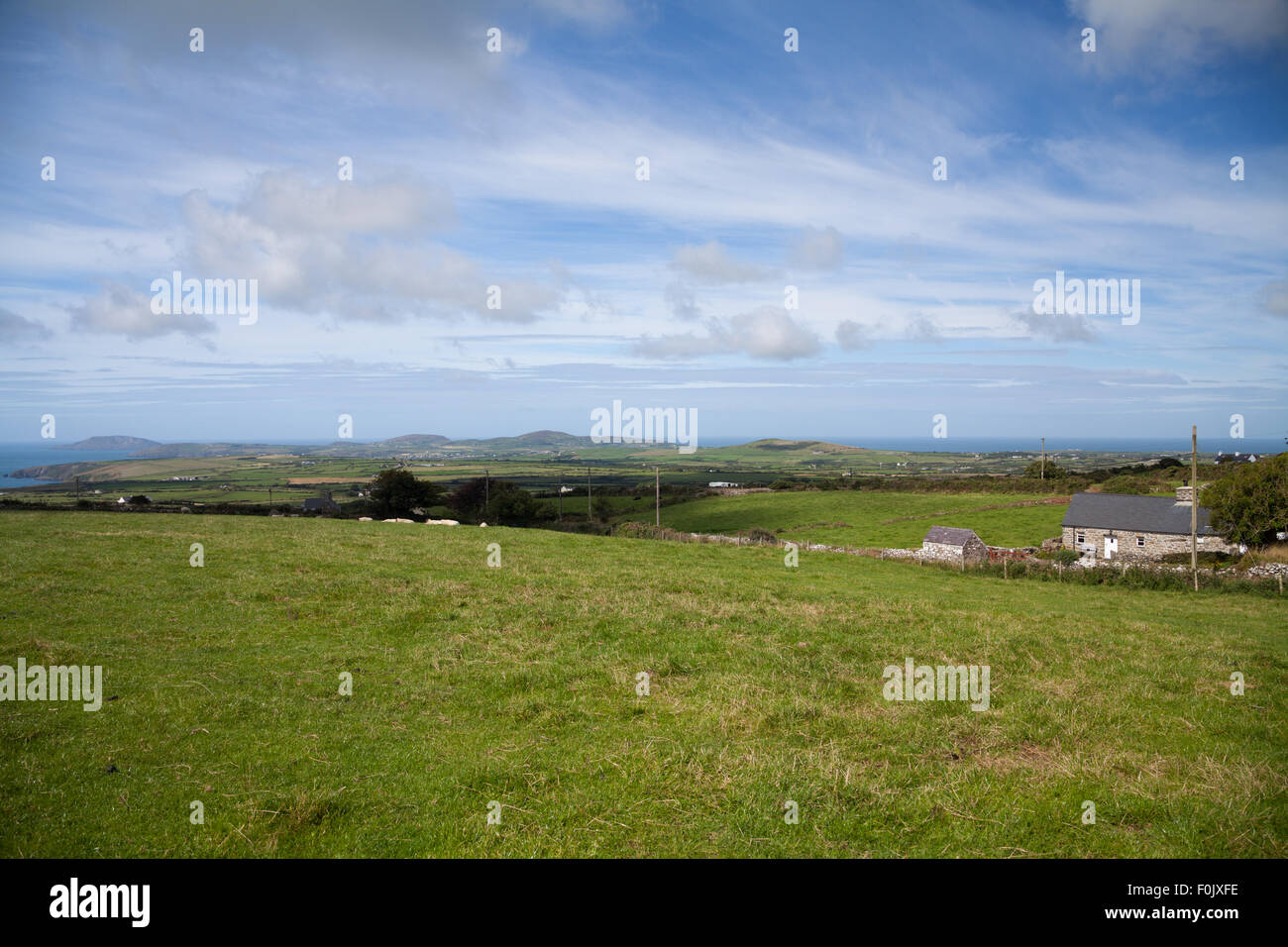 Una vista a través de los campos hacia Ynys Enlli y tradicional cabaña galesa tomada desde la senda en Rhiw en un día soleado de verano Foto de stock