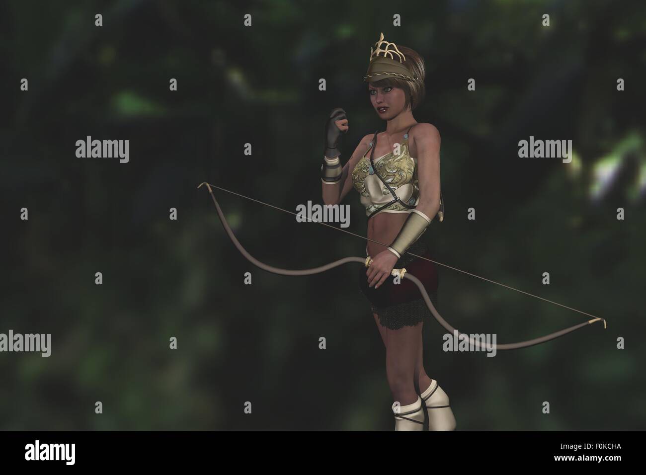 Fantasy Grecian diosa con arco y flechas de caza en el bosque Foto de stock