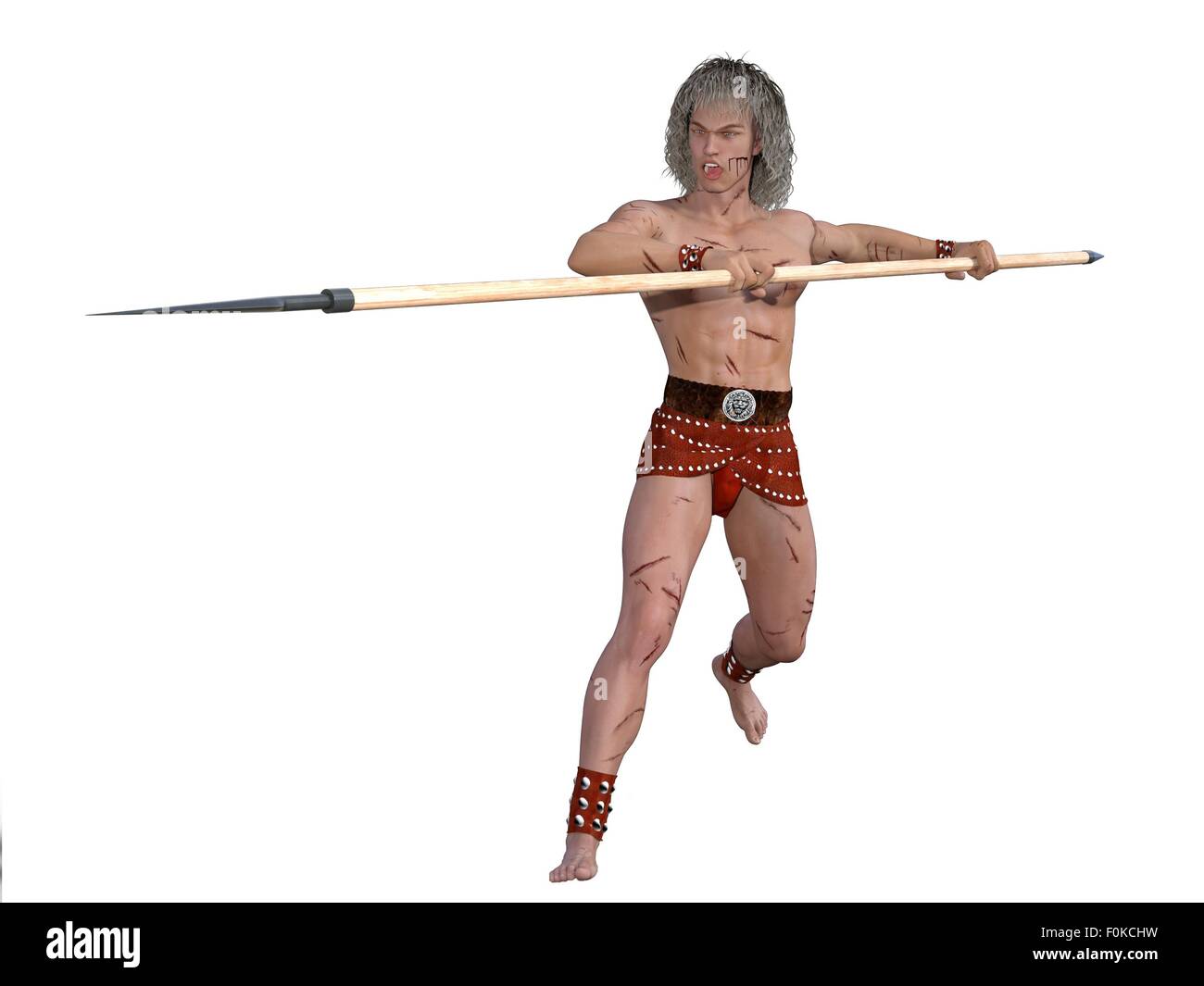 Antiguo guerrero de fantasía con heridas múltiples launces ataque con lanza Foto de stock