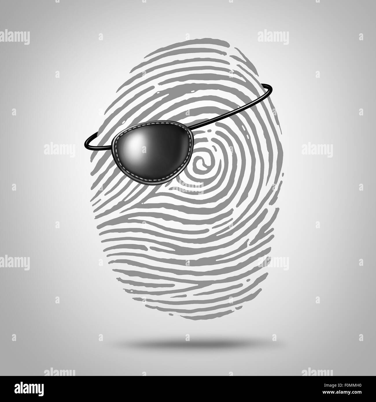 Privacidad concepto de piratería y robo de identidad como un símbolo de huellas o icono de huella digital con un pirata parche en el ojo como una metáfora para la seguridad de los datos privados de información personal en línea de riesgo. Foto de stock