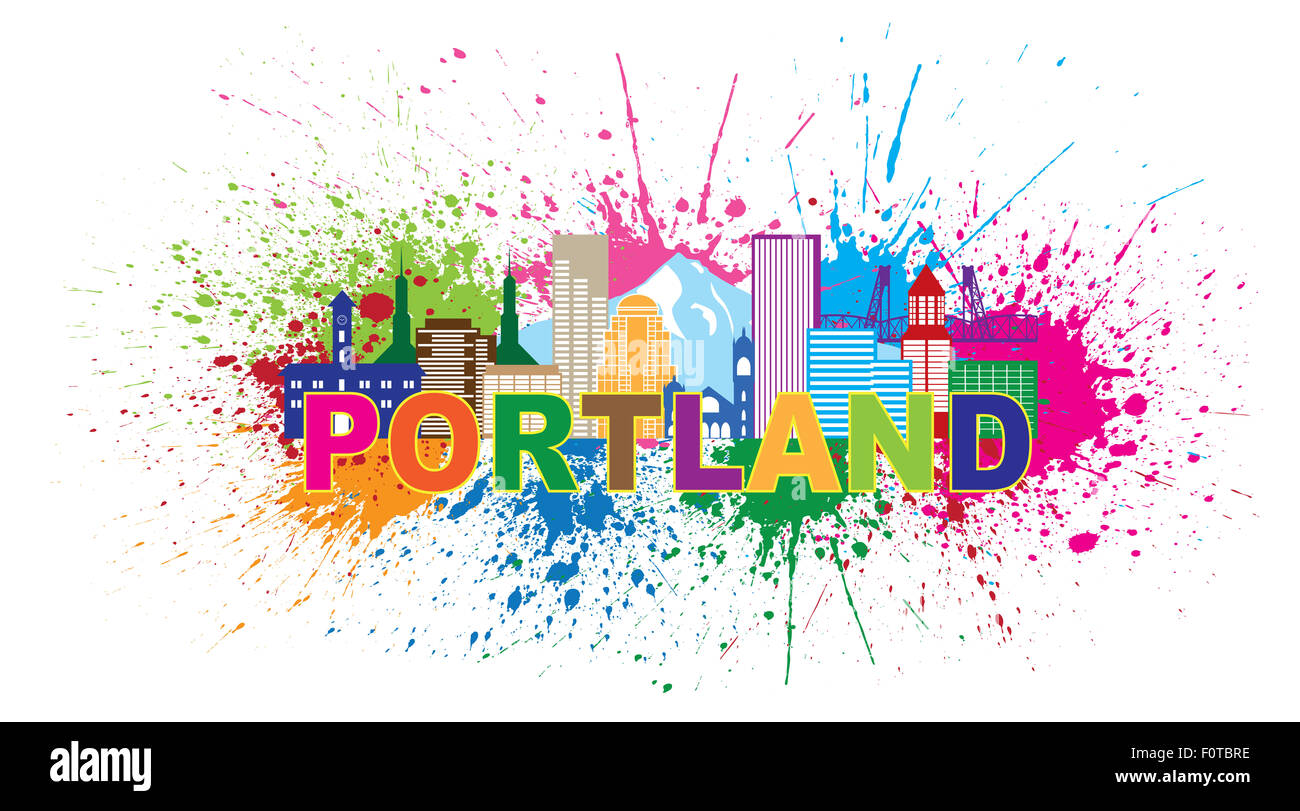 Portland Oregon Silueta de esquema con vistas al horizonte de la ciudad Downtown panorama color de salpicaduras de pintura texto aislado sobre fondo blanco Il Foto de stock
