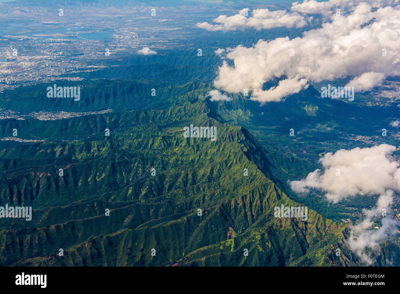Vista aérea de la isla de Oahu, Hawaii Foto de stock