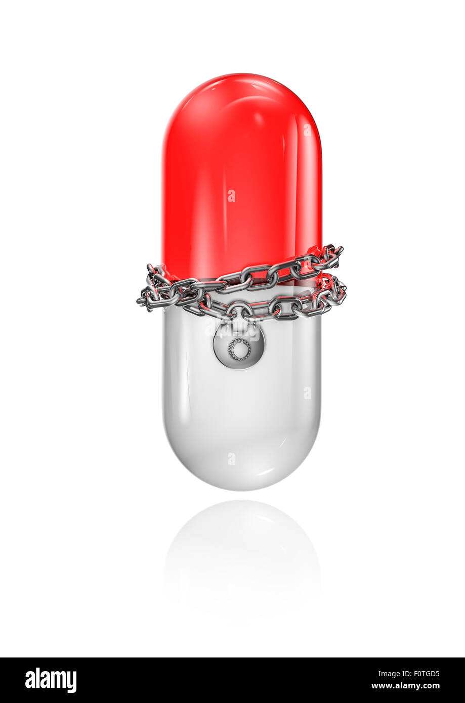 Píldora encadenados, 3D Render de cápsulas médicas con el bloqueo y la cadena Foto de stock