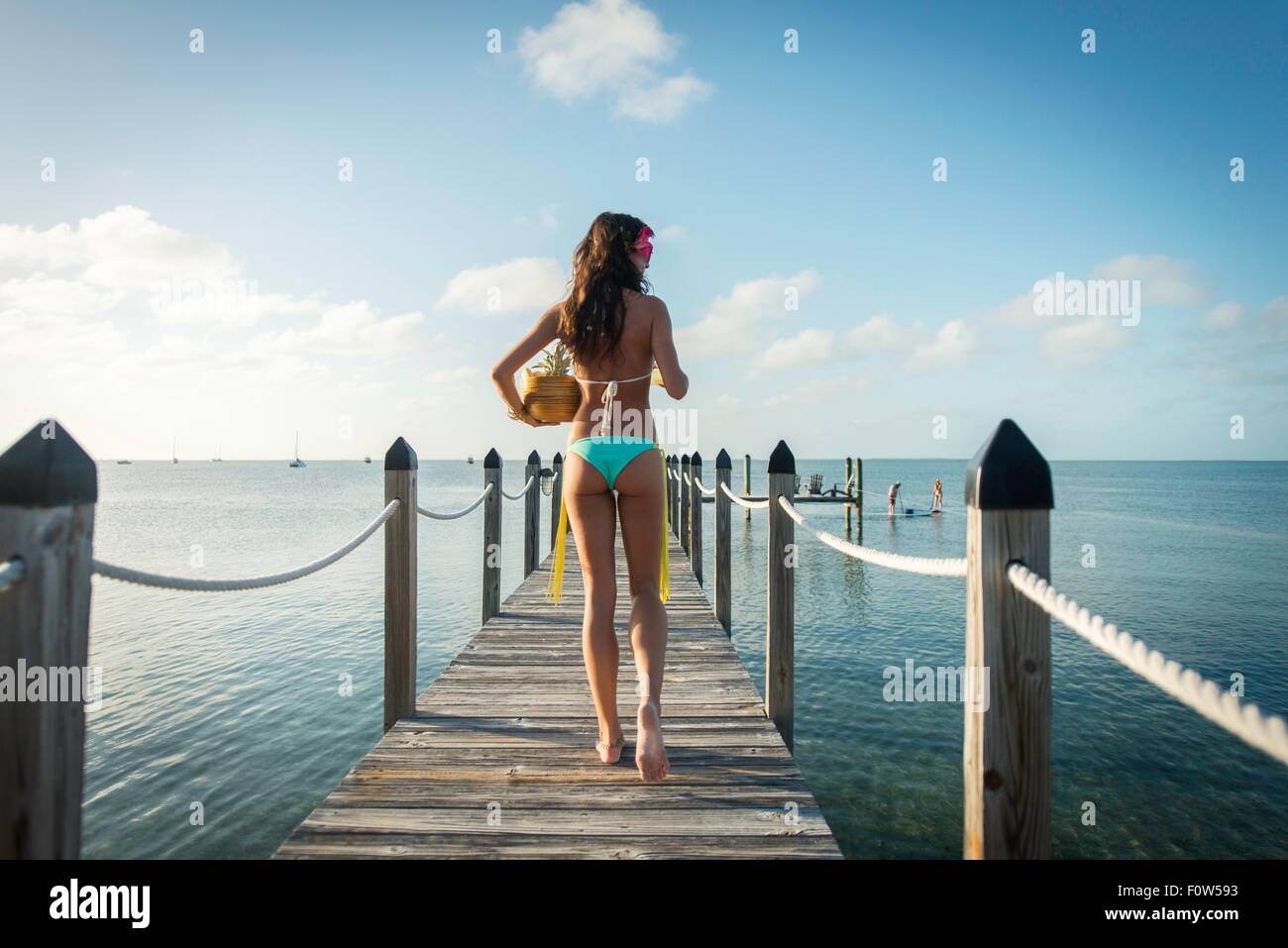 Vista trasera de la mujer joven en el mar el muelle llevando el tazón de fruta, Islamorada, Florida, EE.UU. Foto de stock