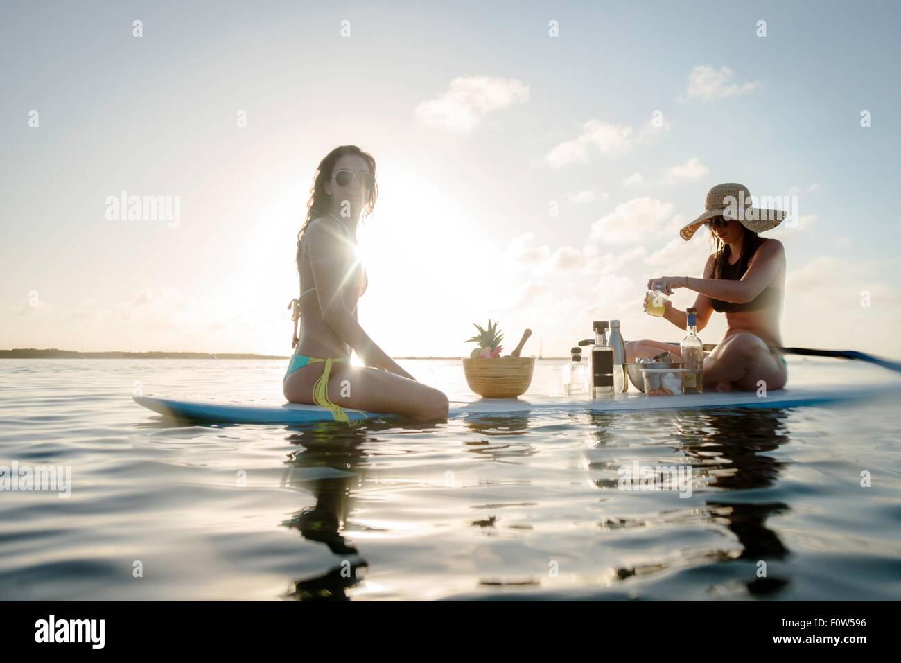 Dos jóvenes mujeres preparar cócteles en paddleboard, Islamorada, Florida, EE.UU. Foto de stock