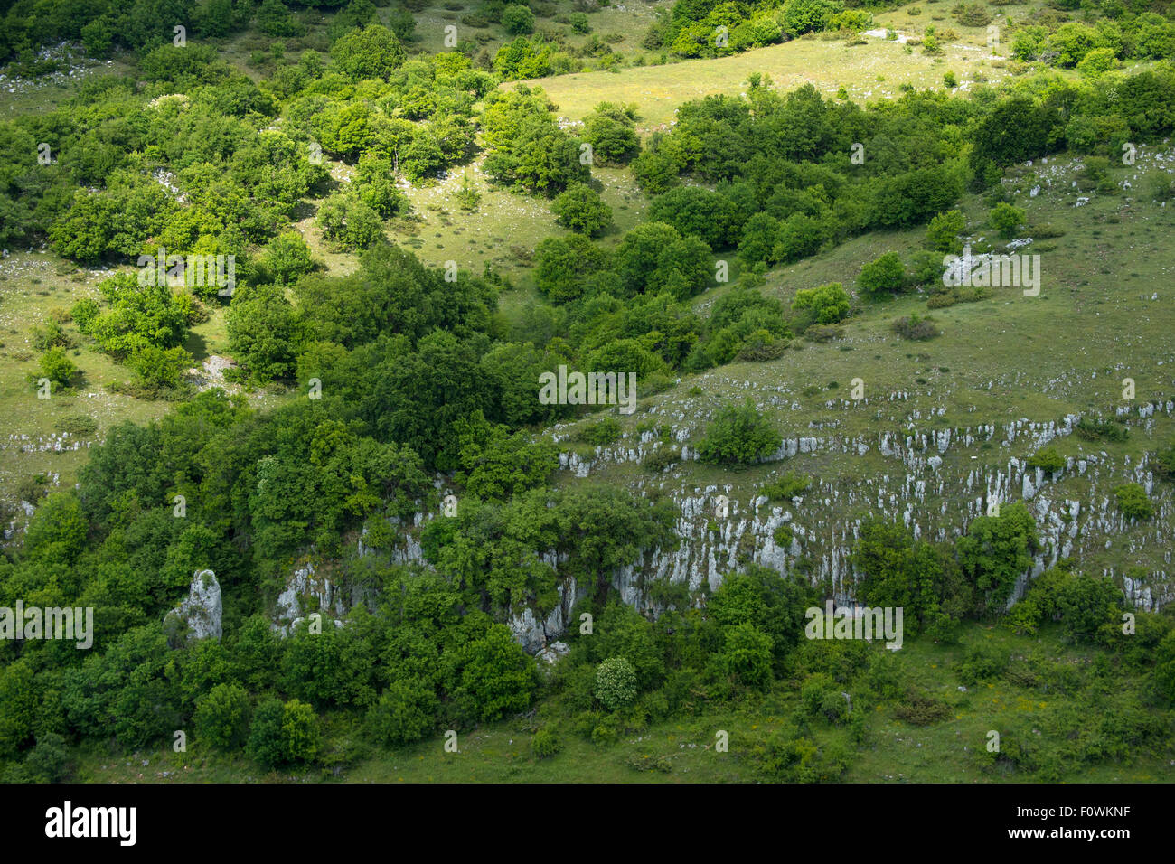 El paisaje de la zona central de los Apeninos rewilding, Parque Nacional de los Abruzos, Lacio y Molise, Italia, junio de 2014. Foto de stock