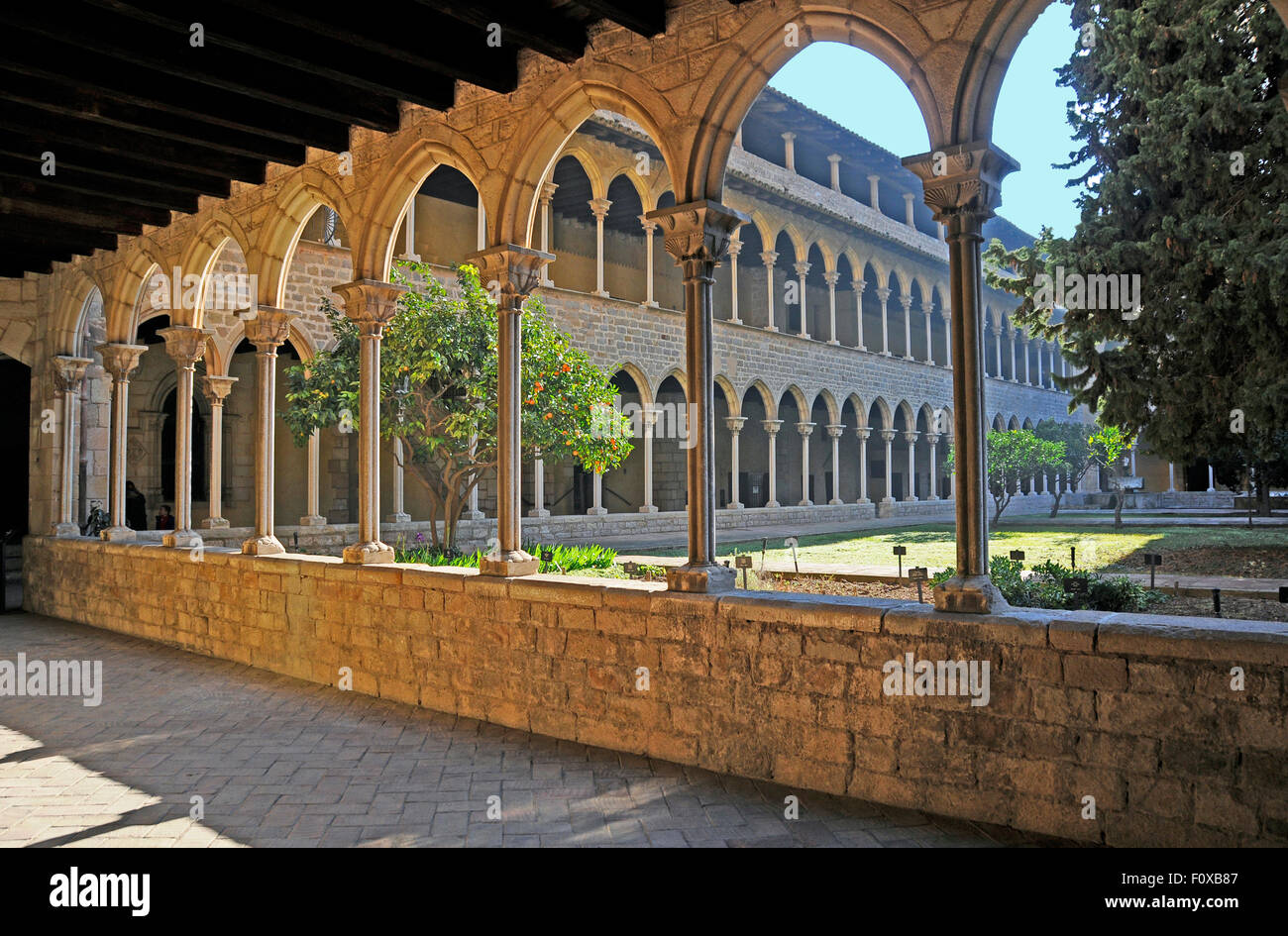 Patio con jardín en el monasterio de Pedralbes, en Barcelona, España Foto de stock