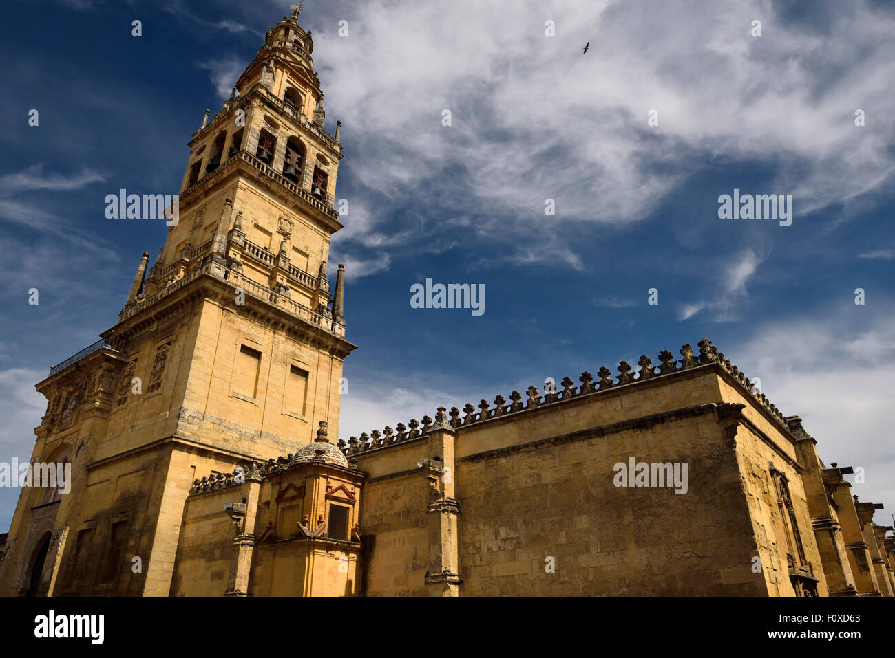 El lado norte de la Mezquita Catedral de Córdoba con minarete ahora campanario de Nuestra Señora de la Asunción iglesia Foto de stock